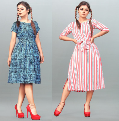 tanvi creation Women Fit and Flare Multicolor Below Knee Dress