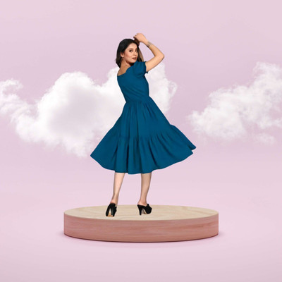 HouseOfCommon Women A-line Blue Midi/Calf Length Dress