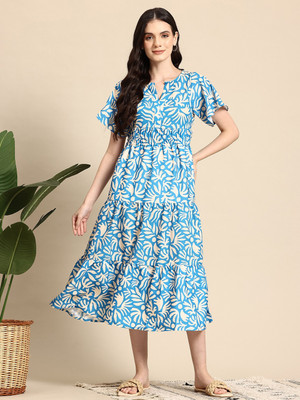 DEHITAFASHION Women Fit and Flare Multicolor Midi/Calf Length Dress