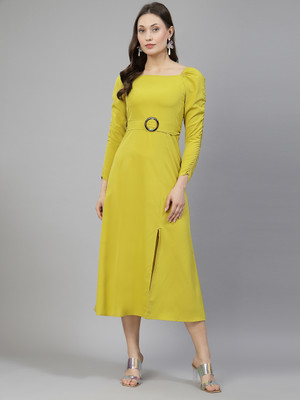 AAYU Women A-line Yellow Midi/Calf Length Dress
