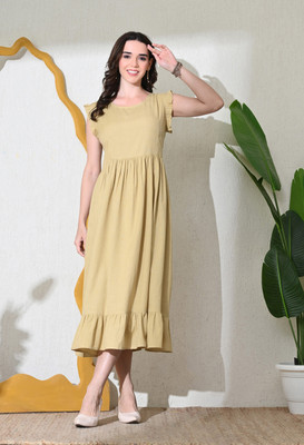 DECKEDUP Women Fit and Flare Beige Midi/Calf Length Dress