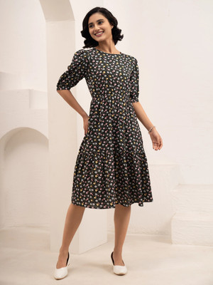 AASK Women Fit and Flare Multicolor Midi/Calf Length Dress