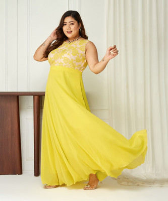 Miss Chase Women Fit and Flare Yellow Maxi/Full Length Dress