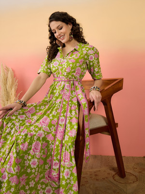 ZWERLON Women A-line Green Midi/Calf Length Dress