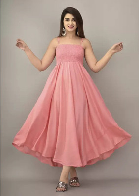 PRINCE HANDLOOM Women Fit and Flare Pink Maxi/Full Length Dress