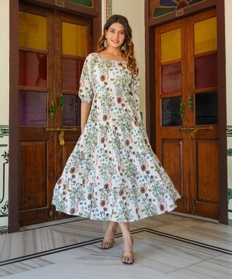 Yash Gallery Women Fit and Flare White Midi/Calf Length Dress