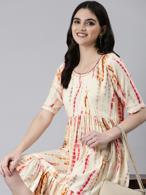 SHOWOFFFF Women Fit and Flare Beige Below Knee Dress