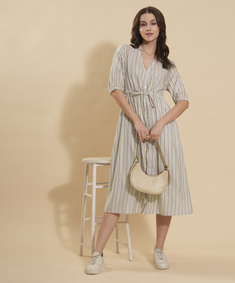 FashFun Women Fit and Flare Beige Midi/Calf Length Dress
