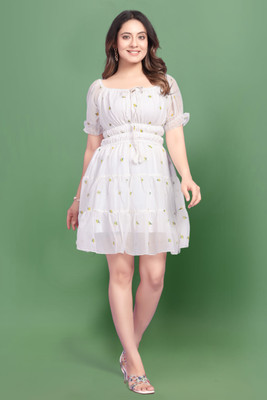 DORESUZAA Women A-line White Above Knee/Mid Thigh Length Dress