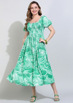 DEHITAFASHION Women Fit and Flare Dark Green Midi/Calf Length Dress