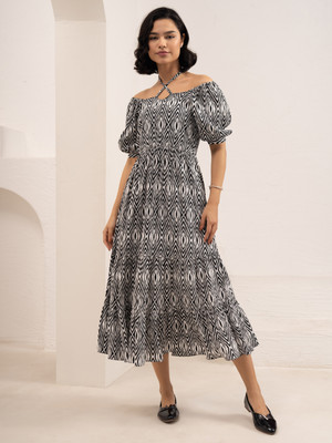 AASK Women Fit and Flare Black Midi/Calf Length Dress