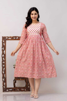 ARKAVYA Women Fit and Flare Pink Midi/Calf Length Dress