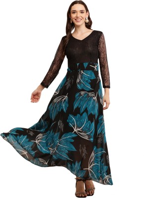 Raabta Fashion Women Maxi Blue, Black Dress