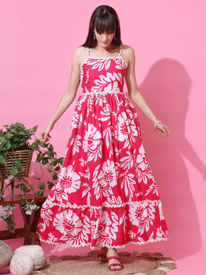 Sheetal Accociates Women Fit and Flare Pink, White Maxi/Full Length Dress