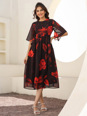 Janasya Women A-line Black Midi/Calf Length Dress