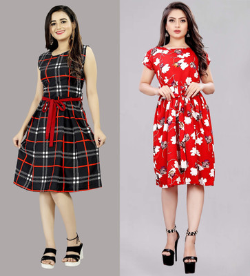 tanvi creation Women Fit and Flare Red Knee Length Dress