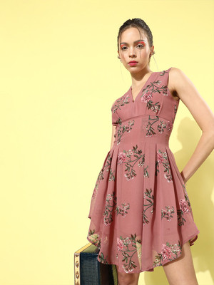 KASSUALLY Women Fit and Flare Pink Above Knee/Mid Thigh Length Dress