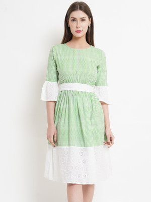 Purple State Women Fit and Flare Light Green, White Below Knee Dress