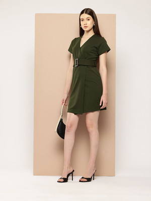 her by invictus Women Wrap Green Above Knee/Mid Thigh Length Dress