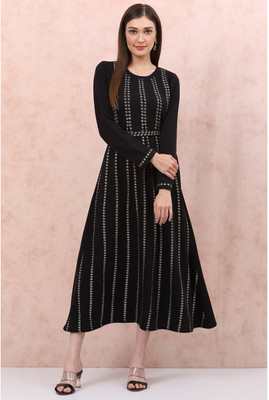 RANGRITI Women A-line Black Midi/Calf Length Dress