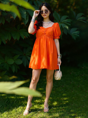 ZUMMER Women Fit and Flare Orange Above Knee/Mid Thigh Length Dress