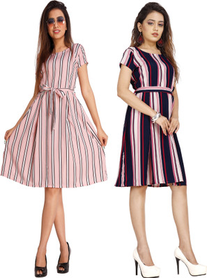 Rinra Women Fit and Flare Multicolor Below Knee Dress