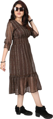 IQRA ENTERPRISE Women Fit and Flare Multicolor Midi/Calf Length Dress