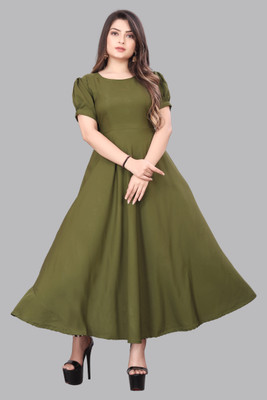 ZOPDI Women Fit and Flare Green Maxi/Full Length Dress