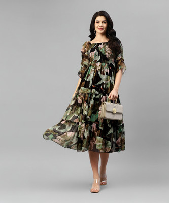 Deklook Women Fit and Flare Multicolor Below Knee Dress