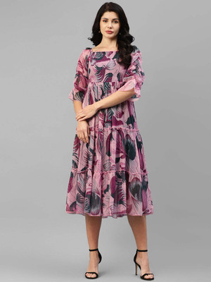 Deklook Women Fit and Flare Pink Below Knee Dress