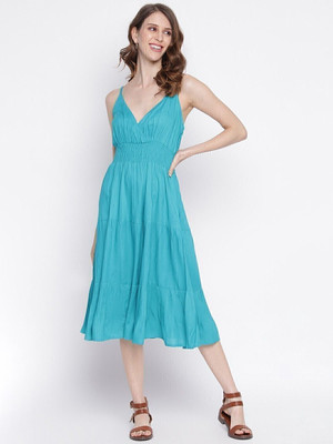 VYMO Women Empire Waist Light Blue Knee Length Dress