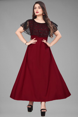 RYKER ENTERPRISE Women Fit and Flare Maroon, Black Maxi/Full Length Dress