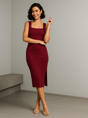 SASSAFRAS Women Bodycon Maroon Midi/Calf Length Dress