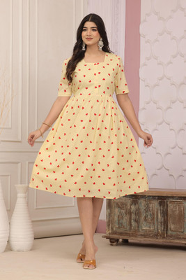Khimara Women Fit and Flare Yellow Below Knee Dress
