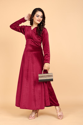 AGOF Women Fit and Flare Red Maxi/Full Length Dress