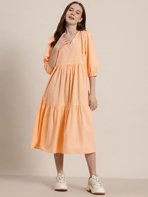 HERE&NOW Women A-line Orange Midi/Calf Length Dress