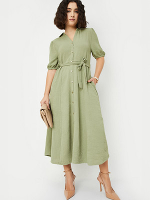 MAX Women A-line Green Below Knee Dress