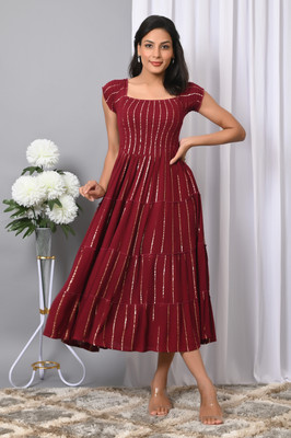 IQRAAR Women Fit and Flare Maroon Midi/Calf Length Dress