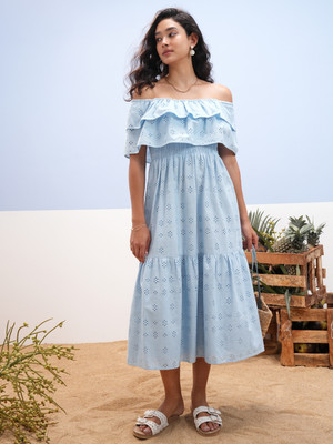 Vishudh Women Fit and Flare Blue Midi/Calf Length Dress