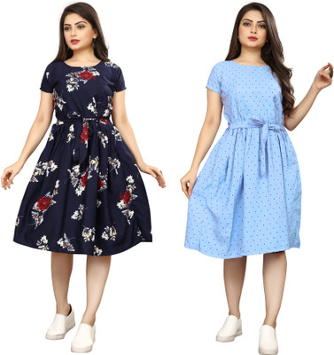 HouseOfCommon Women Fit and Flare Multicolor Below Knee Dress