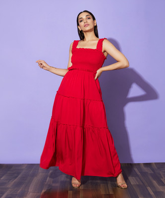 Globus Women Fit and Flare Red Maxi/Full Length Dress
