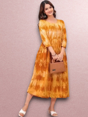 fashionstreet Women Gown Yellow Knee Length Dress