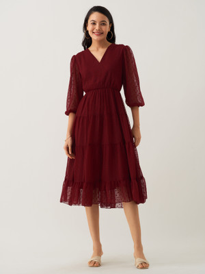 AASK Women Fit and Flare Maroon Midi/Calf Length Dress