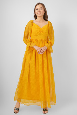 Wownoon Women Maxi Yellow Ankle Length Dress
