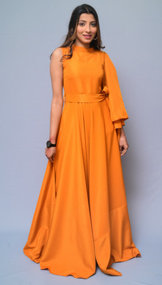 diyaz Women Fit and Flare Orange Maxi/Full Length Dress