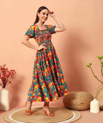 LookShine Women A-line Orange Midi/Calf Length Dress