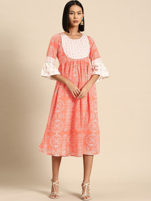 all about you Women A-line Pink Midi/Calf Length Dress