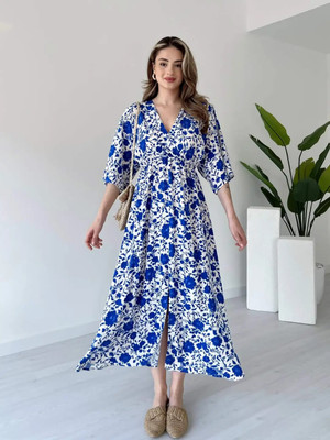 MANOJAVA Women Fit and Flare Blue Ankle Length Dress