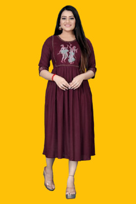DICHIKA Fashion Women Fit and Flare Maroon Below Knee Dress