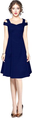 HEER FASHION Women Fit and Flare Blue Knee Length Dress
